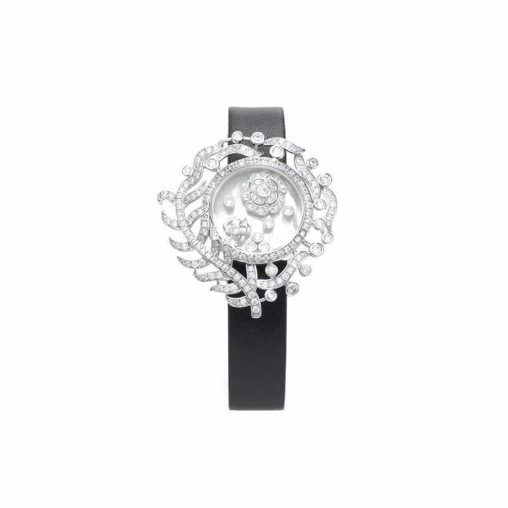 Camellia Convertible Watch Style Bracelet featuring a detachable mother-of-pearl and premium-grade zirconia centerpiece on a black PU leather strap with a luxurious watch-inspired design.