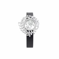 Camellia Convertible Watch Style Bracelet featuring a detachable mother-of-pearl and premium-grade zirconia centerpiece on a black PU leather strap with a luxurious watch-inspired design.