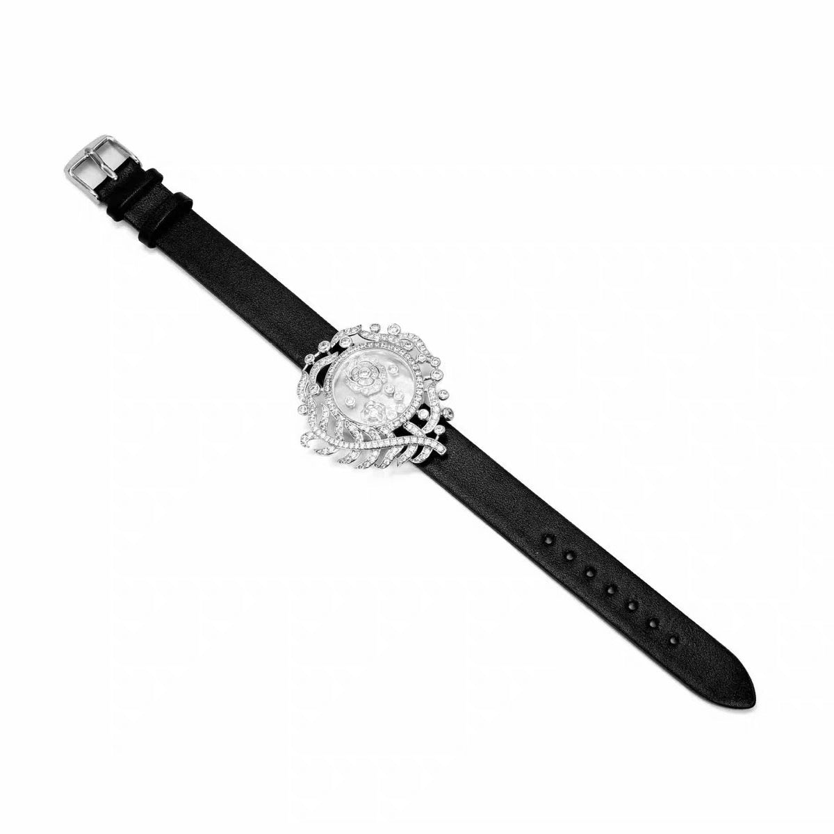 Camellia Convertible Watch Style Bracelet featuring a detachable mother-of-pearl and premium-grade zirconia centerpiece on a black PU leather strap with a luxurious watch-inspired design.