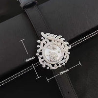 Camellia Convertible Watch Style Bracelet featuring a detachable mother-of-pearl and premium-grade zirconia centerpiece on a black PU leather strap with a luxurious watch-inspired design.
