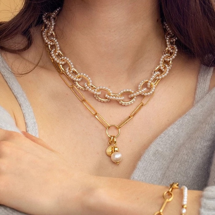 Chunky Pearl Chain Necklace Bracelet Set