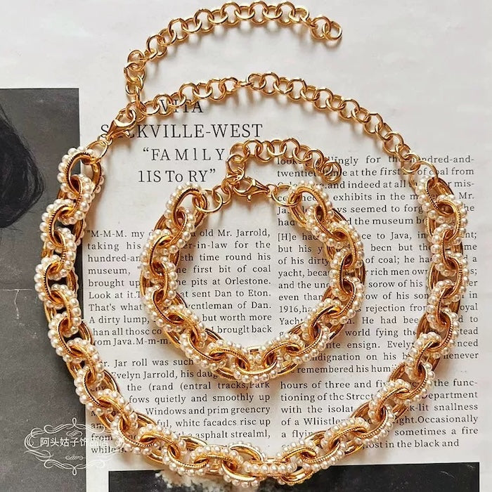 Chunky Pearl Chain Necklace Bracelet Set