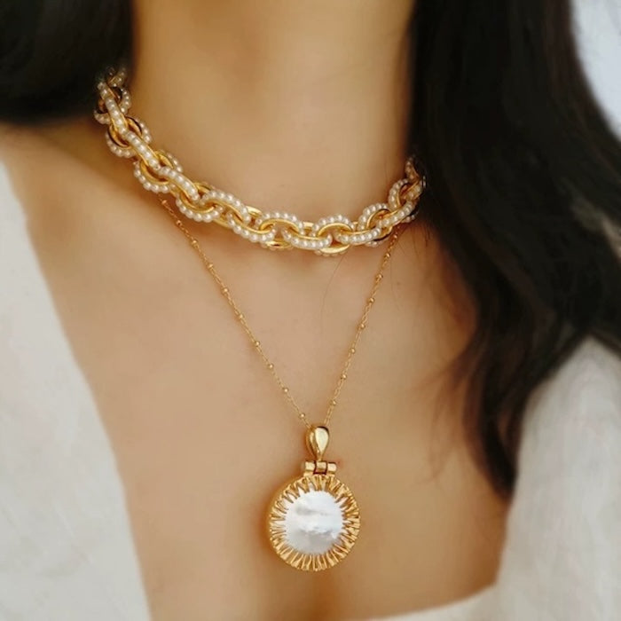 Chunky Pearl Chain Necklace Bracelet Set
