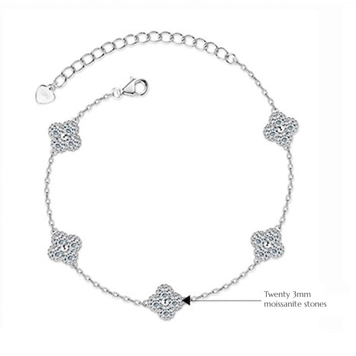 Eternal Clover Moissanite Bracelet crafted in sterling silver with five pavé-set four-leaf clover motifs adorned with brilliant moissanite stones and an adjustable chain.