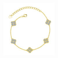 Eternal Clover Moissanite Bracelet crafted in sterling silver with five pavé-set four-leaf clover motifs adorned with brilliant moissanite stones and an adjustable chain.