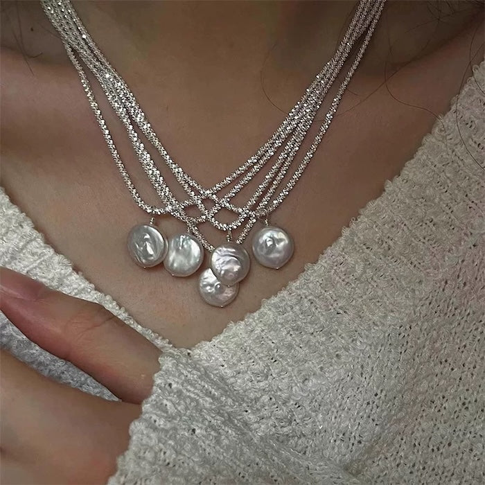 Glitter Coin Baroque Pearl Pendant Necklace