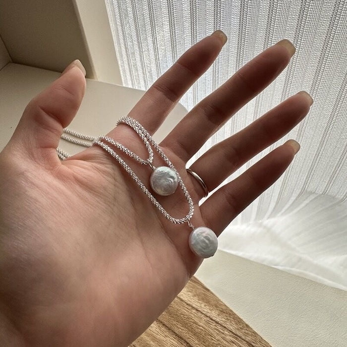 Glitter Coin Baroque Pearl Pendant Necklace