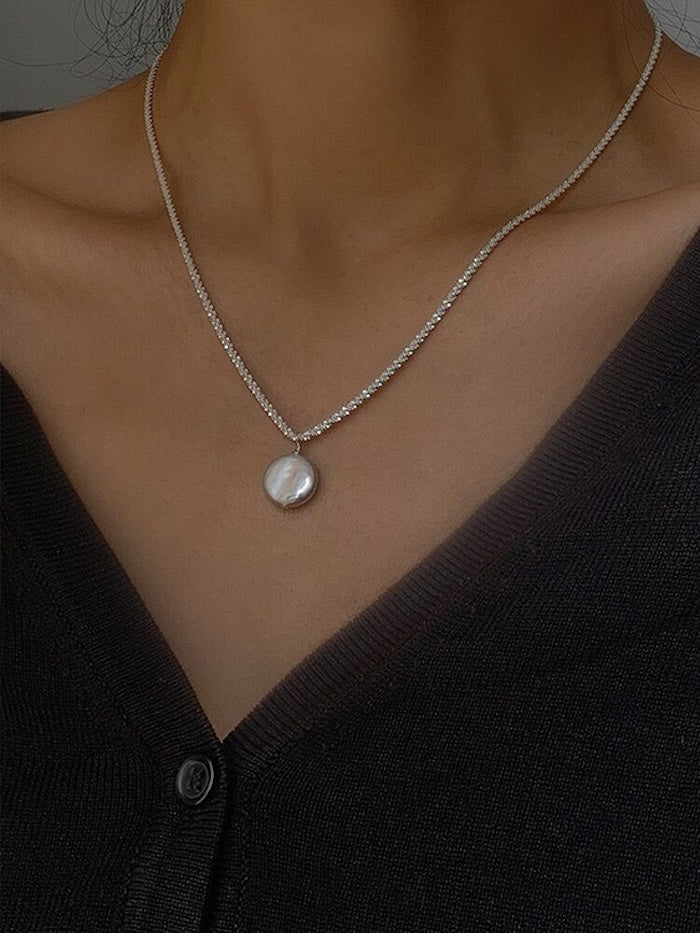 Glitter Coin Baroque Pearl Pendant Necklace