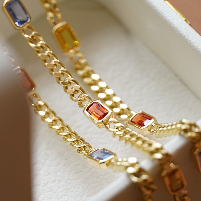 Gold Vermeil Cuban Chain Bracelets with Rainbow Stones
