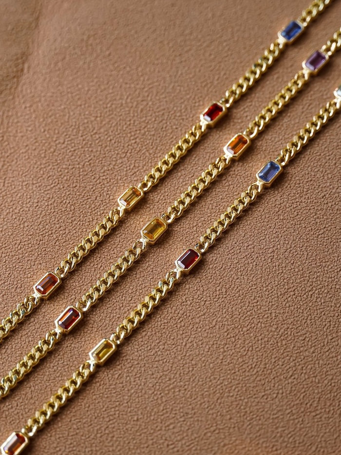 Gold Vermeil Cuban Chain Bracelets with Rainbow Stones