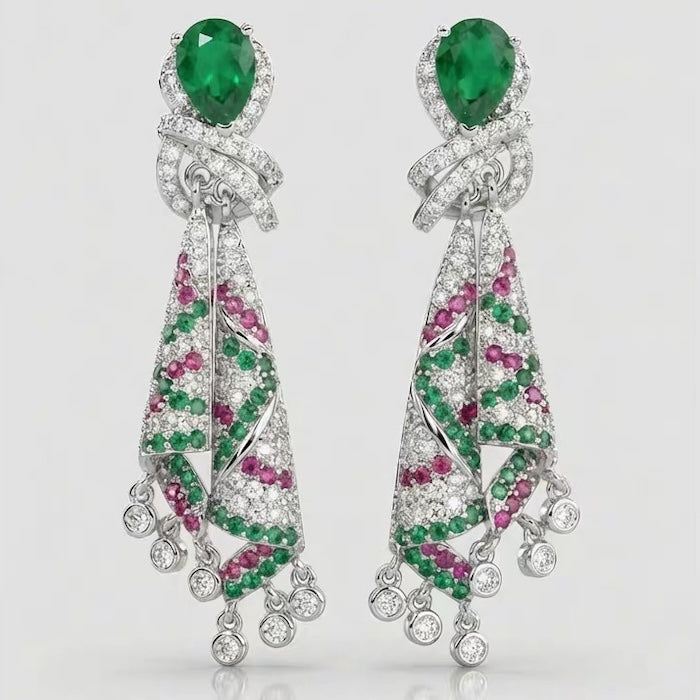 Emerald Ribbon Cascade Earrings with an emerald green teardrop crystal, silver-plated finish, sparkling zirconia, ribbon-inspired detailing, and crystal tassels.