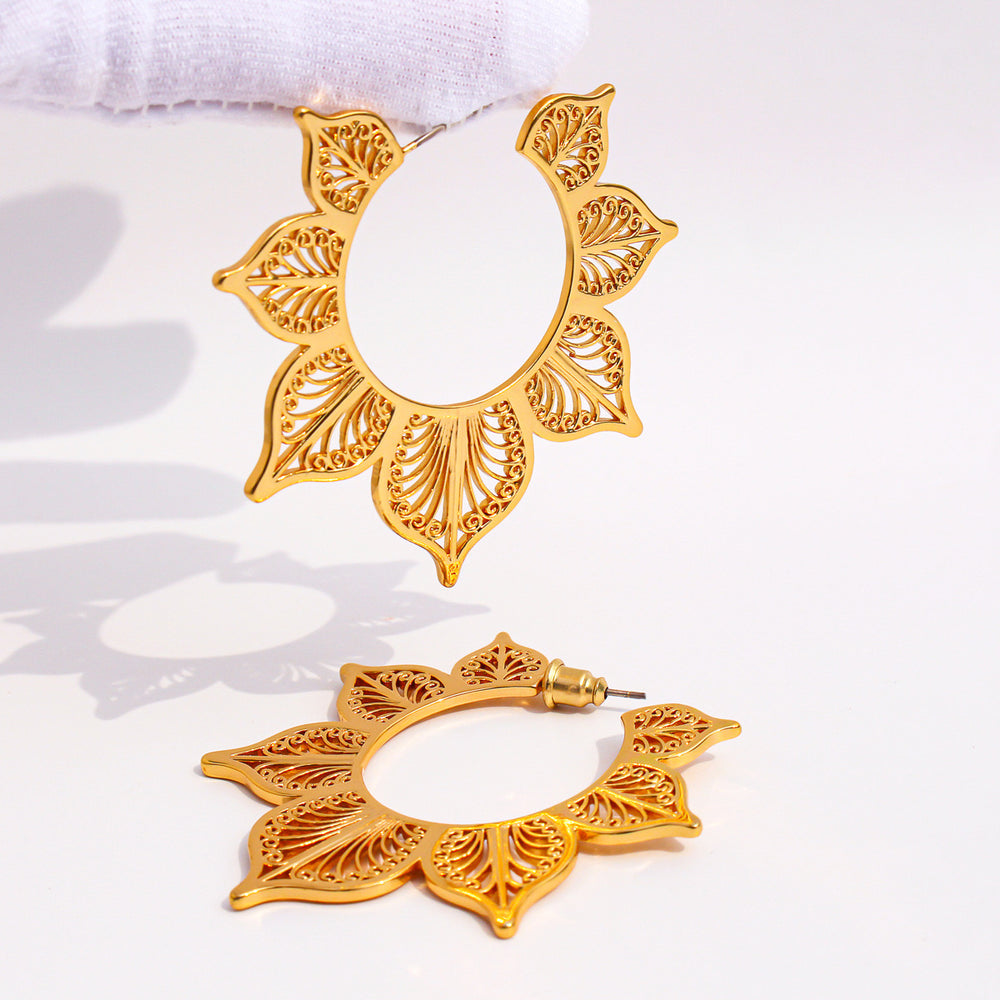 Filigree Lotus Flower Hoop Earrings