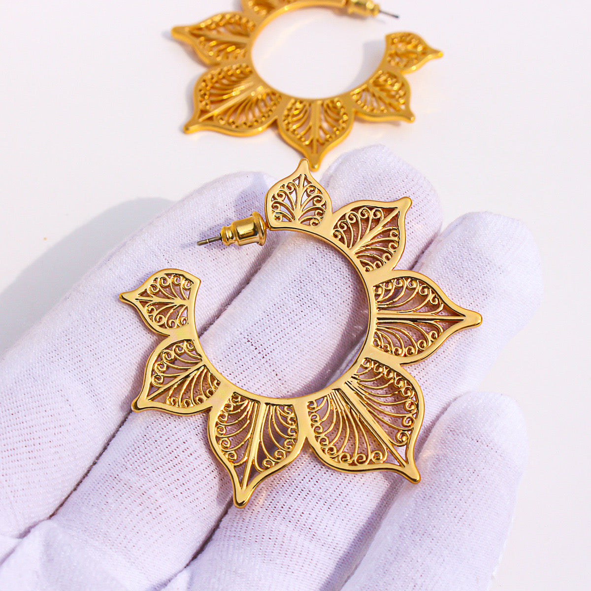 Filigree Lotus Flower Hoop Earrings