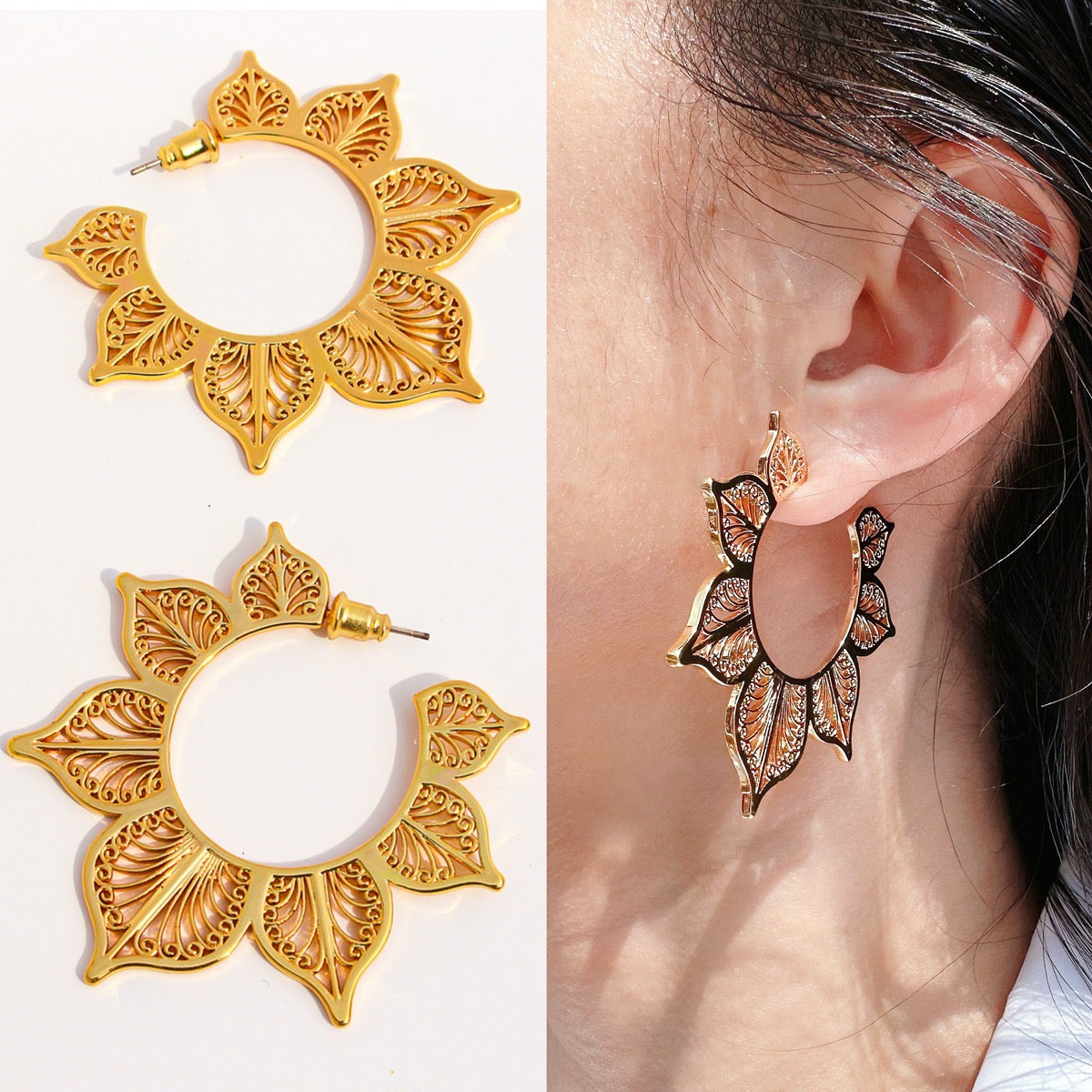 Filigree Lotus Flower Hoop Earrings