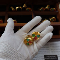 Vintage Colorful Flower Dome Ring featuring multicolor petal-shaped stones arranged in a floral pattern within a gold-tone dome setting.
