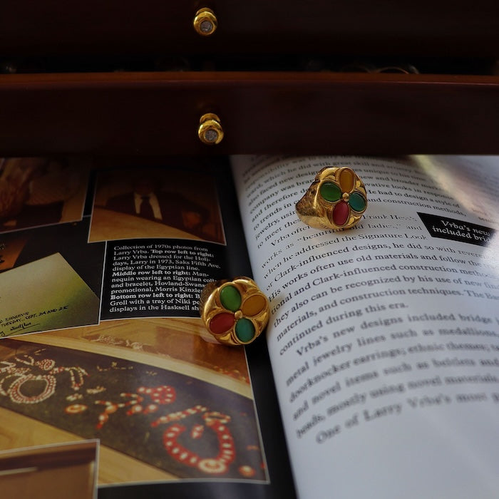 Vintage Colorful Flower Dome Ring featuring multicolor petal-shaped stones arranged in a floral pattern within a gold-tone dome setting.
