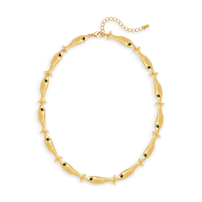 Vintage Fish Link Necklace featuring detailed gold-plated fish links connected in a playful vintage-inspired chain design.
