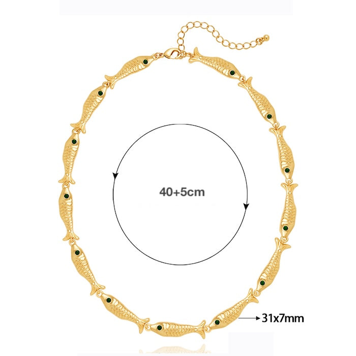 Vintage Fish Link Necklace featuring detailed gold-plated fish links connected in a playful vintage-inspired chain design.
