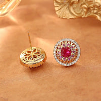 Vintage Style Halo Crystal Stud Earrings featuring a sparkling halo of zirconias surrounding a ruby red or sky blue center stone in a gold-tone vintage-inspired setting.

