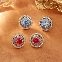 Vintage Style Halo Crystal Stud Earrings featuring a sparkling halo of zirconias surrounding a ruby red or sky blue center stone in a gold-tone vintage-inspired setting.
