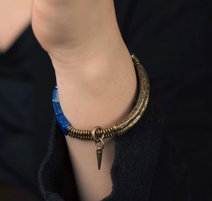 Lapis Lazuli Square Plate Bracelet with Bronze Bangles