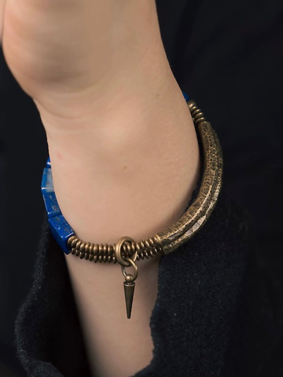 Lapis Lazuli Square Bead Bracelet featuring genuine deep-blue lapis lazuli square beads, layered bronze-toned bangles, and a vintage-inspired charm.