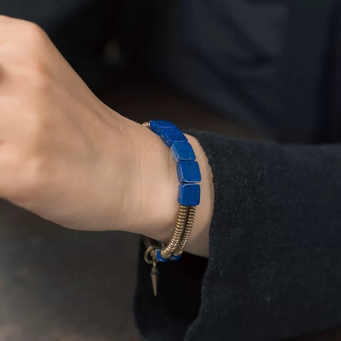 Lapis Lazuli Square Plate Bracelet with Bronze Bangles