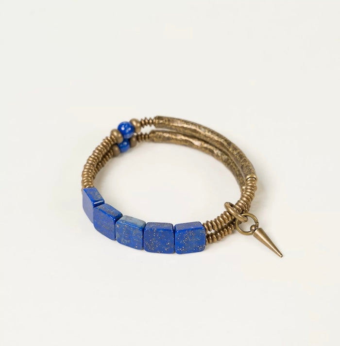 Lapis Lazuli Square Plate Bracelet with Bronze Bangles
