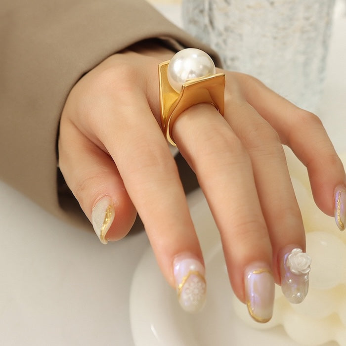 Chunky Open-Frame Pearl Statement Ring