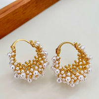 Romantic Pearl Basket Hoop Earrings-Gold n Silver