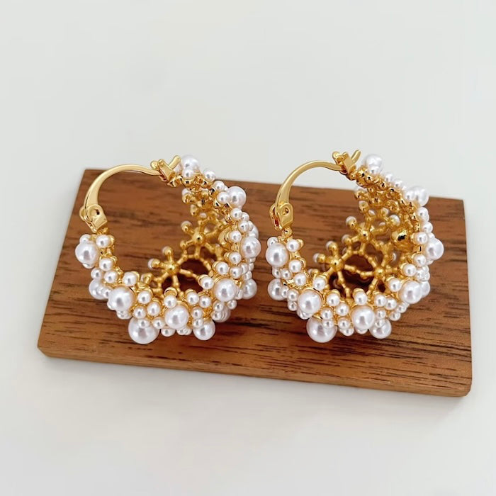 Romantic Pearl Basket Hoop Earrings-Gold n Silver