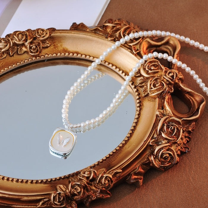Pearl Beaded Butterfly Pendant Necklace
