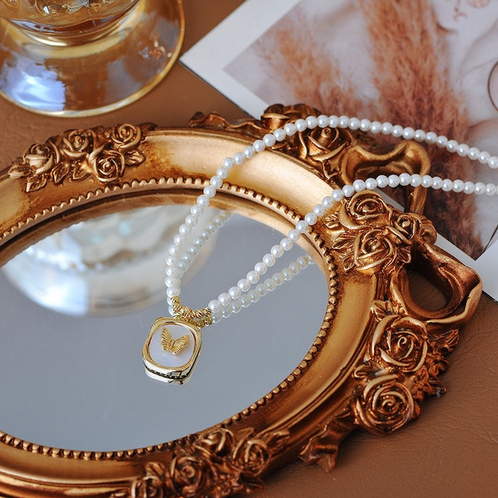 Pearl Beaded Butterfly Pendant Necklace