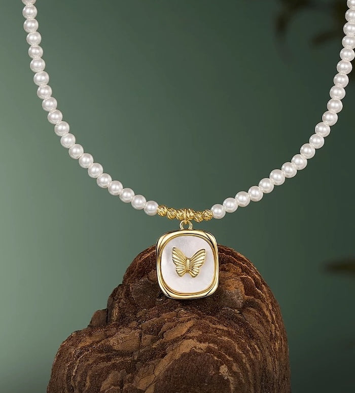Pearl Beaded Butterfly Pendant Necklace