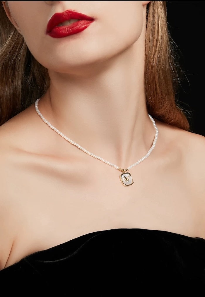 Pearl Beaded Butterfly Pendant Necklace