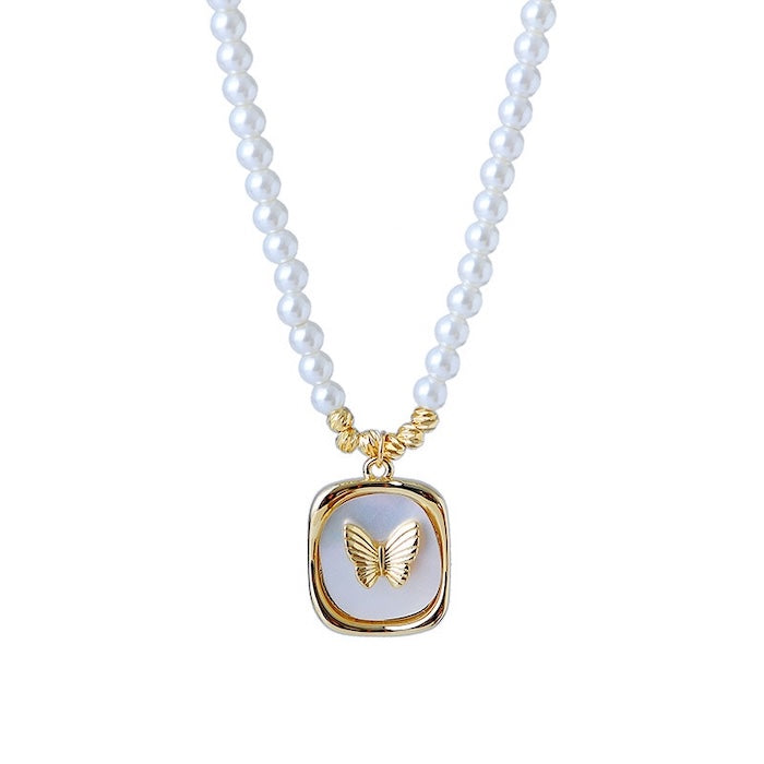 Pearl Beaded Butterfly Pendant Necklace