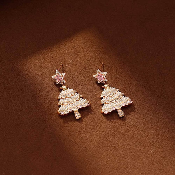 Pink Pearl Christmas Tree Earrings – Sparkling Holiday Statement