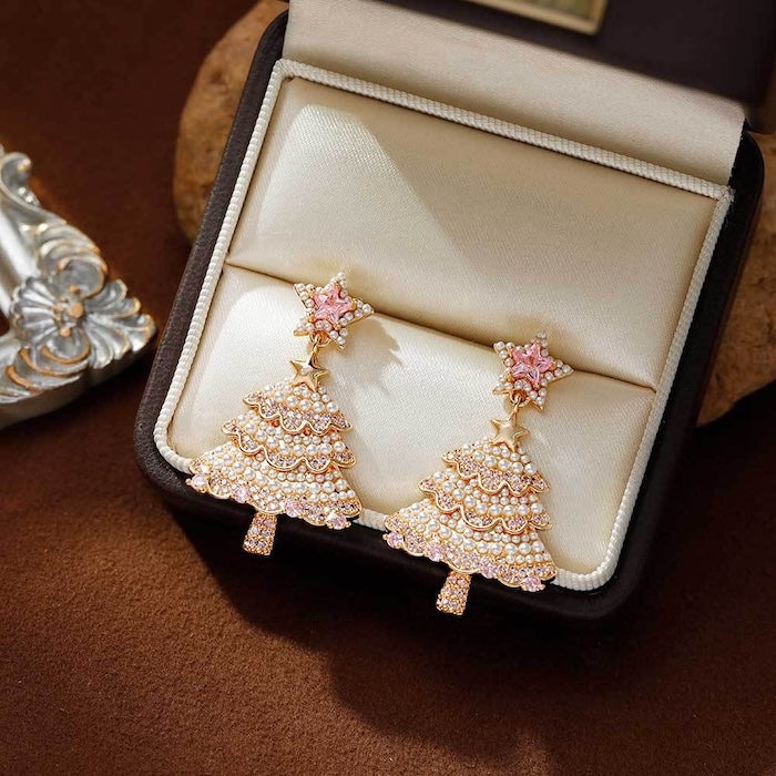 Pink Pearl Christmas Tree Earrings – Sparkling Holiday Statement