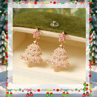 Pink Pearl Christmas Tree Earrings – Sparkling Holiday Statement