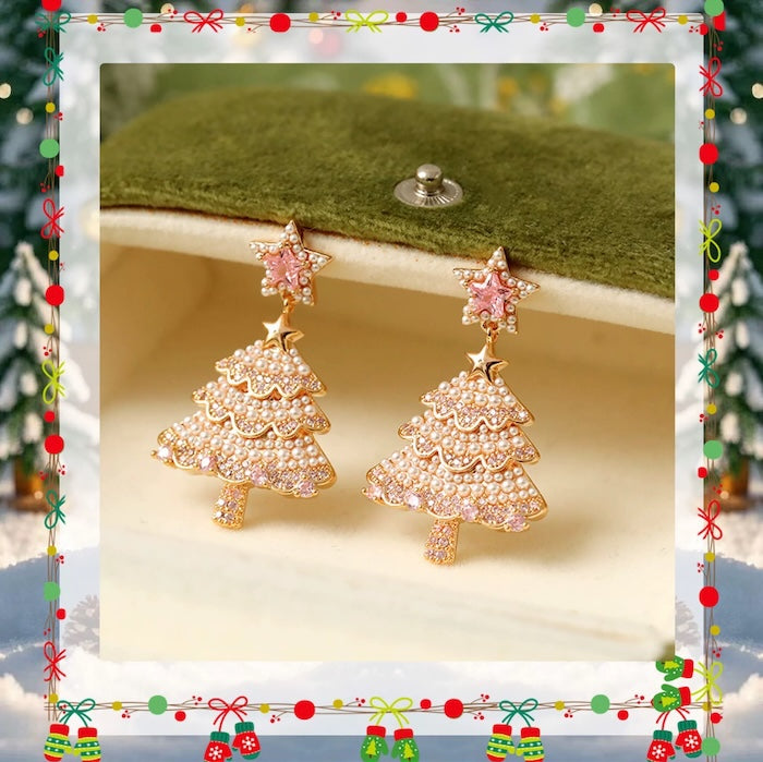 Pink Pearl Christmas Tree Earrings – Sparkling Holiday Statement