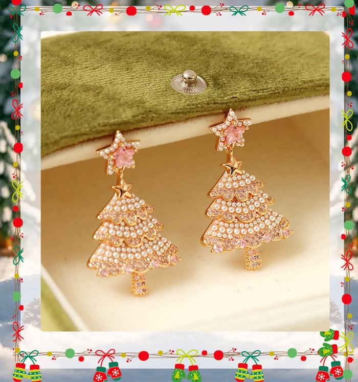 Pink Pearl Christmas Tree Earrings – Sparkling Holiday Statement
