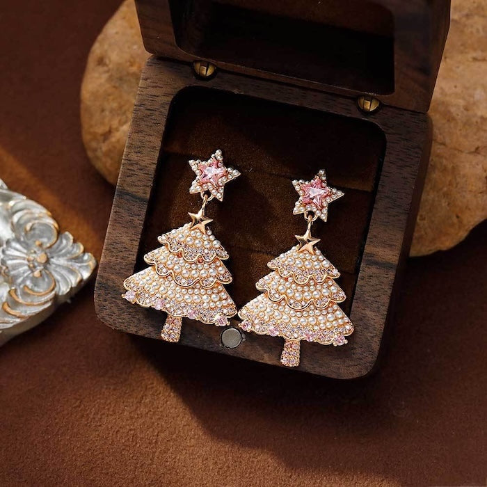 Pink Pearl Christmas Tree Earrings – Sparkling Holiday Statement