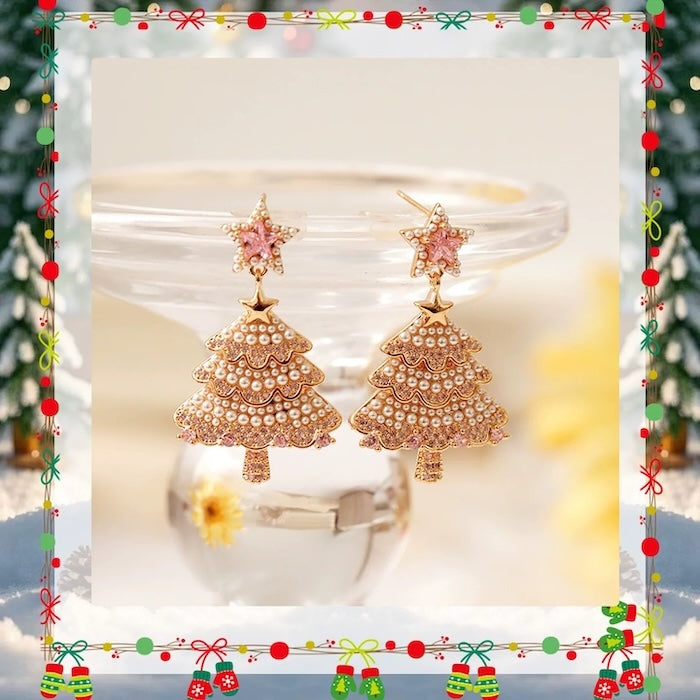Pink Pearl Christmas Tree Earrings – Sparkling Holiday Statement