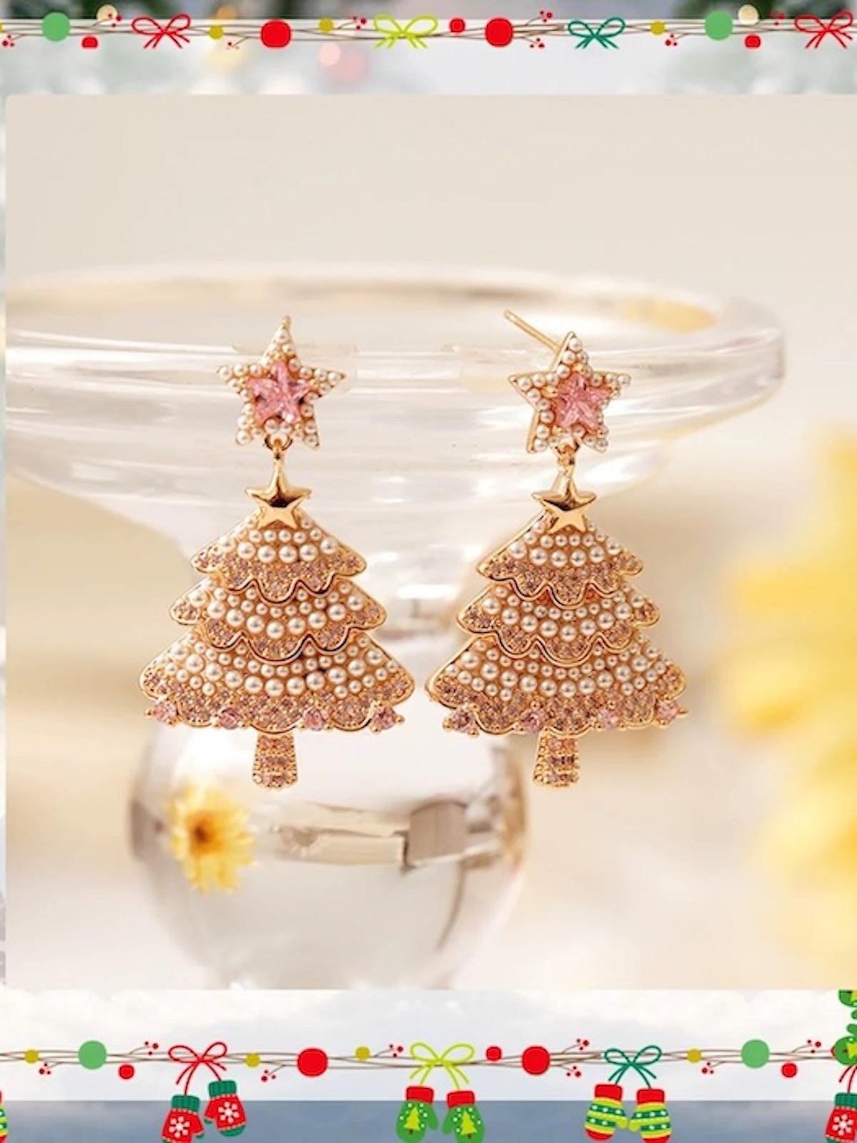 Pink Pearl Christmas Tree Earrings