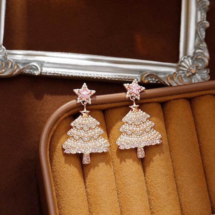 Pink Pearl Christmas Tree Earrings – Sparkling Holiday Statement