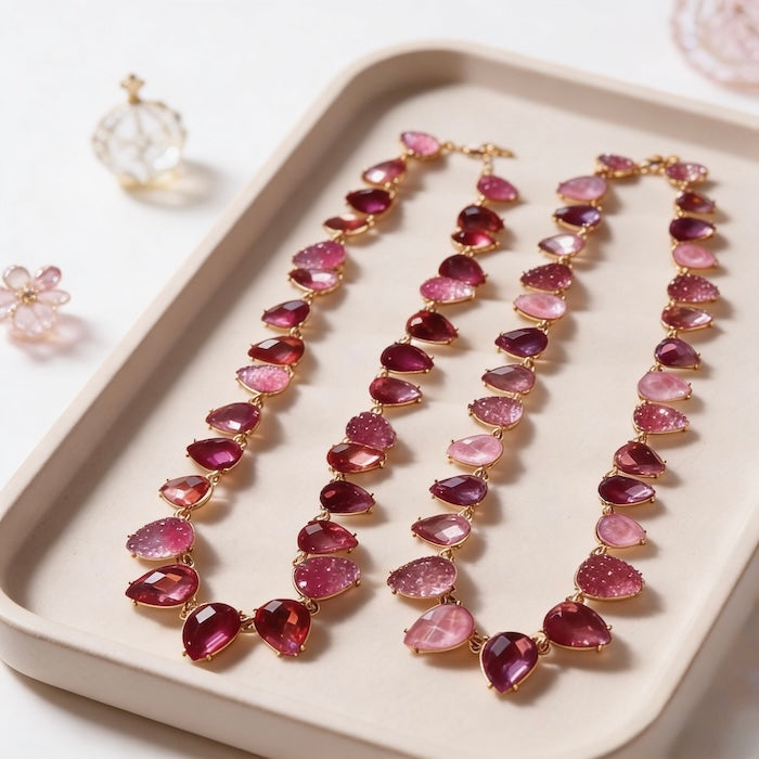 Chunky Vintage Pink Crystal Statement Necklace featuring sparkling pink crystal drop beads and matte gold plated details in a vintage-inspired statement design.
