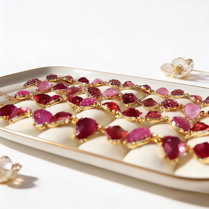 Chunky Vintage Pink Crystal Statement Necklace featuring sparkling pink crystal drop beads and matte gold plated details in a vintage-inspired statement design.
