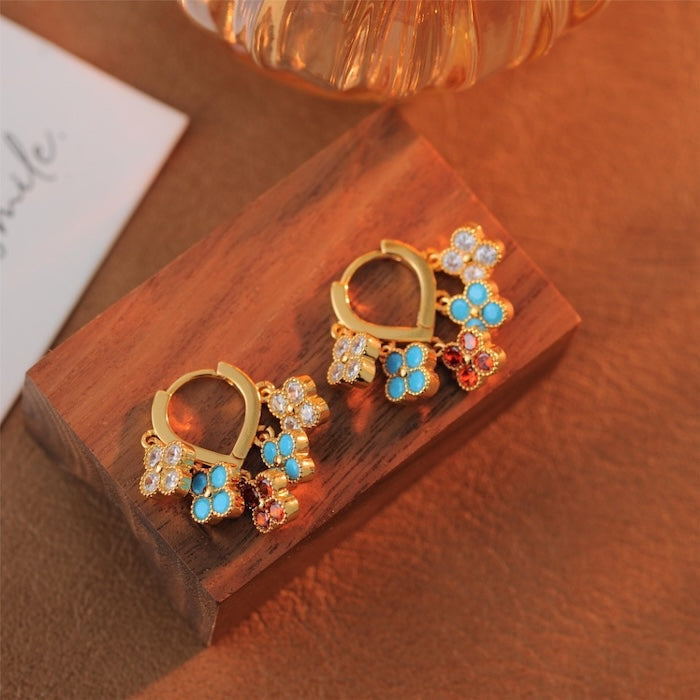 Rainbow Four-Leaf Lucky Flower Stone Drop Earrings
