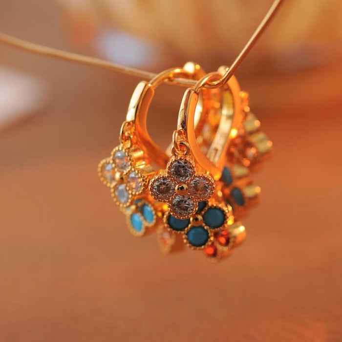 Rainbow Four-Leaf Lucky Flower Stone Drop Earrings
