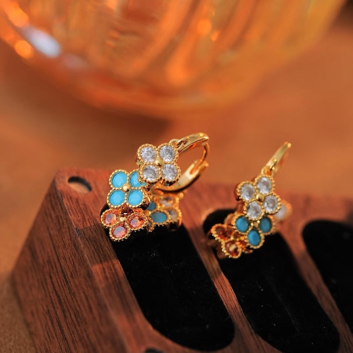 Rainbow Four-Leaf Lucky Flower Stone Drop Earrings
